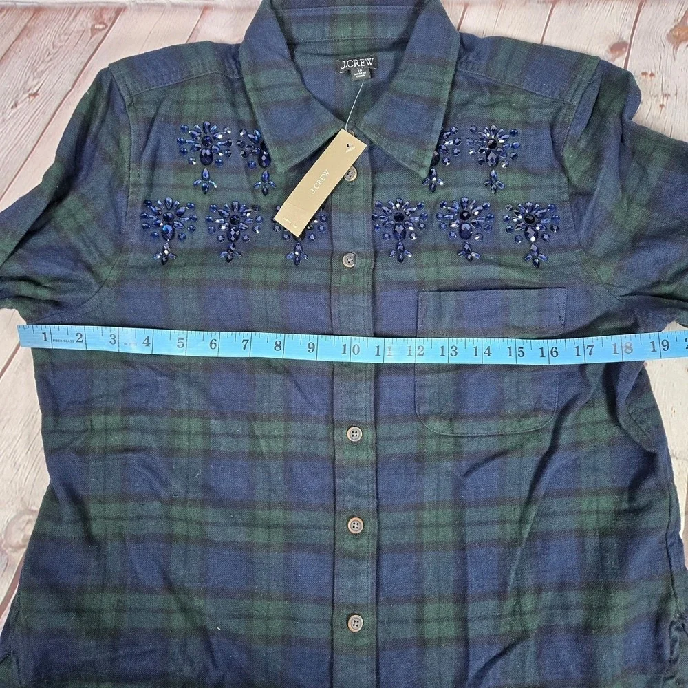 J Crew Womens Plaid Flannel Shirt Blue Green Beaded Embellished Button‎ Down 10